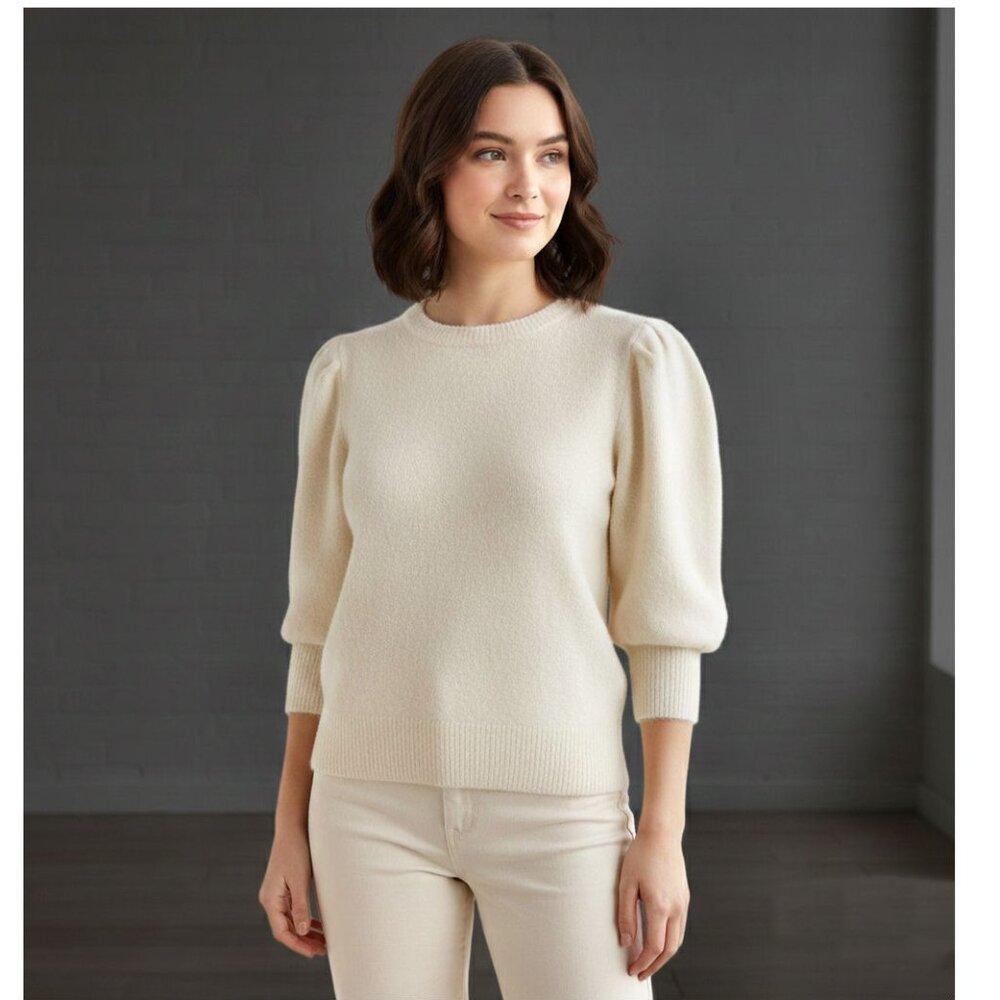 Michael Kors Wool & Camel Hair Puff Sleeve Sweater Cream Womens Size Small Petit
